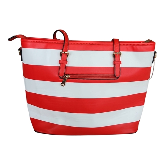 Red & White Striped Canvas Beach Tote Gold Chain Crossbody - Picture 2 of 12